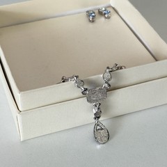 New Trifari Blue Rhinestone Silver Tone Drop Necklace Pierced Earrings Set