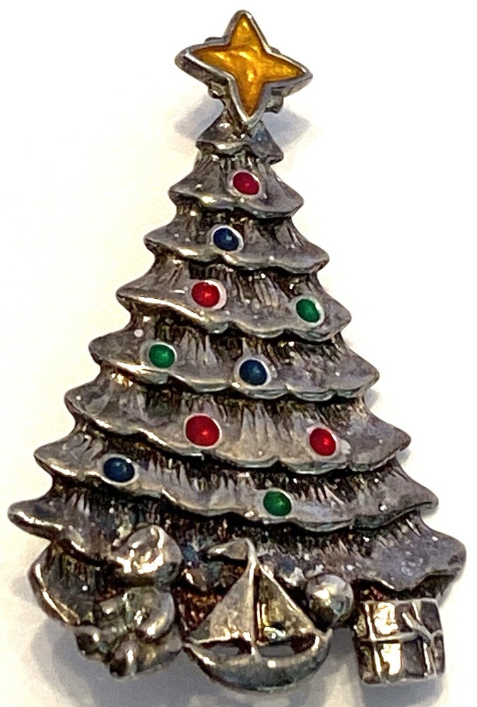 VTG Jezlaine 925 Sterling Silver Enamel Christmas Tree 1.5″ x 1″ Brooch/Pin