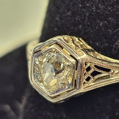 Antique Belais 18K White Gold Art Deco Ring Elongated Old Mine Cut Diamond