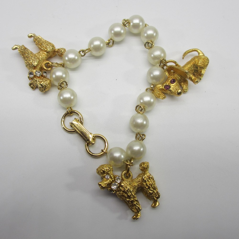 Vintage Charm Bracelet Dogs Rhinestone Accents Simulated Pearl Poodle Dachshund