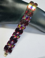 Glamorous Vintage Kramer Of NY Red & AB Rhinestone Gold Tone Bracelet 7” Signed