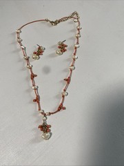 Vintage~GLASS Woman’s Coral and Natural PEARL Bead Necklace/Earrings Set