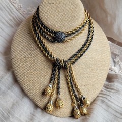 Vitg 80s Napier Lariat Necklace Gold Gunmetal 6 Chain Tassel Statement Runway