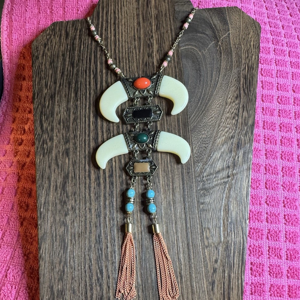 Antique Gold BOHO Tribal Totem Faux Bone TasselS Necklace