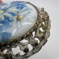 Vintage Porcelain Pastel Blue & White Daisy Flower Round Metal Brooch Pin