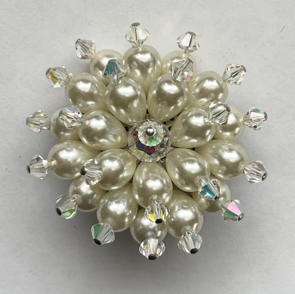 Vintage Faux Pearls AB Beads Iridescent Round Domed Brooch Pin 1960s