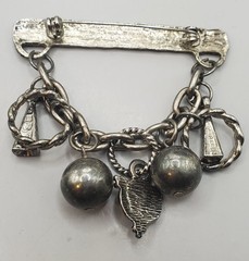 3 Brooches: Tribal Peacock Feather Clay Mask, RITZ Pewter Face, Bar W/ Charms