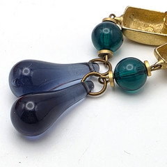 Vintage Signed MO Blue Glass Teardrop Dangle Earrings Gold Tone 2.5in