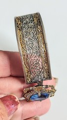 Antique JJ White Art Deco Rhodium/Gold Filigree Hinge Bracelet Blue Czech Stone