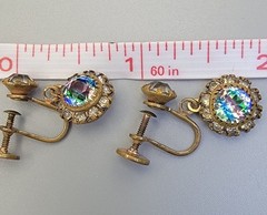 Estate Czech Antique Iris Glass Rhinestone Screw Back Dangle Earrings Signed