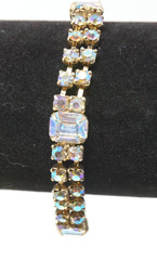 Vintage Aurora Borealis Rhinestone 2 Strand Bracelet Faux Diamond Tennis