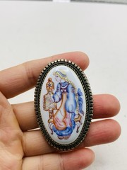 Vintage Silver Tone Russian Finift Hand Painted Porcelain The Snow Maiden Brooch