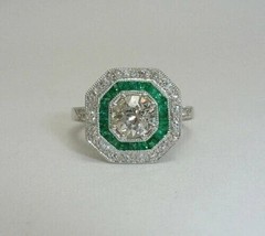 Art Deco Style Lab Created Diamond & Emerald Anniversary 14K White Gold FN Ring