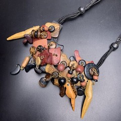 Wooden Parrot Bib Statement Necklace Beaded Cluster Coconut Shell Boho Vintage