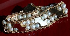 14k yellow gold bracelet 5-5.5mm cultured pearl 0.5ct diamond 7.5″ antique 43.0g