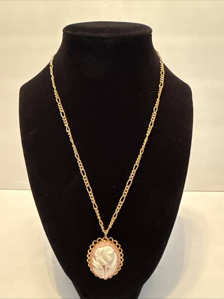 Vintage Rose Cameo Necklace Pink/White Gold Tone Chain