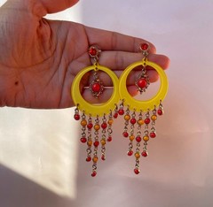 Vintage Thailand Boho Lucite Hoop Chandelier Earrings & Orange Resin Bangle Set