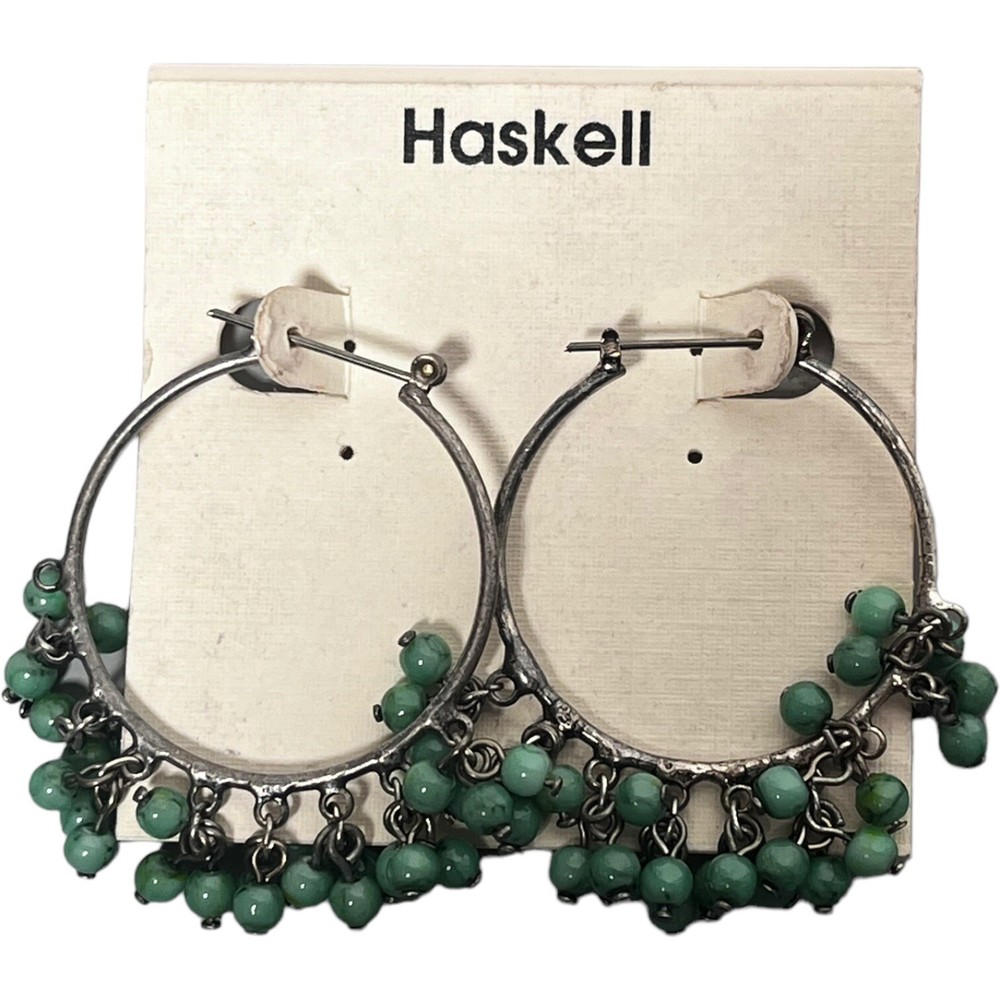 HASKELL Vintage 1980s Earrings Pierced Beaded Hoops Silver Toned 1-1/2″ 1990s