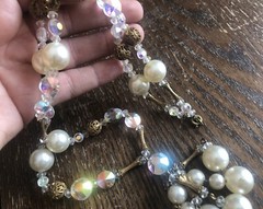 Vintage Gold Clear Ab Crystal Faux Pearl Filigree Brass Tassel Drop Necklace