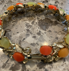 Vtg Thermoset Necklace Bracelet Earring Set Sherbet Melon Lucite Stone Gold Leaf