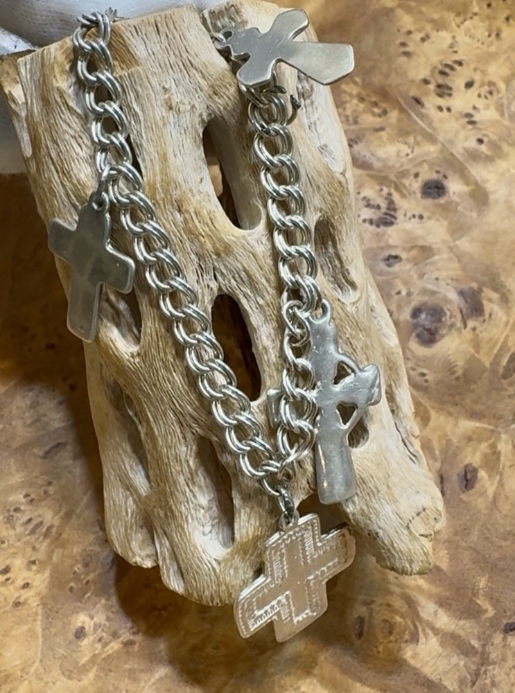 Vintage Sterling Silver Charm Bracelet with (5) Crosses 7” Long Look