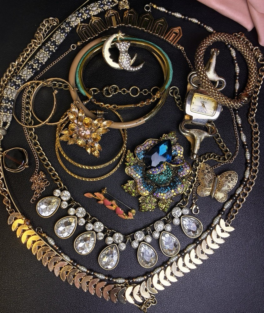 Vintage Costume Jewelry Lot Rhinestone Brooches Necklaces Watch Bracelets Cat