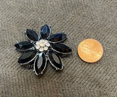 Vintage Jet Black & Clear Rhinestone Flower Stunning Brooch Pin Mourning Gothic