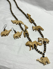Vintage Hand Carved Wood African Animal Beaded Necklace Pierced Earrings Set