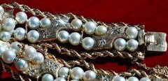 14k yellow gold bracelet 5-5.5mm cultured pearl 0.5ct diamond 7.5″ antique 43.0g