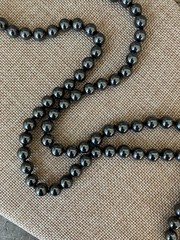 VTG Black Hematite Stone Beaded Necklace 32in Hand Knotted