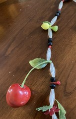 Vintg Cherry Dangle Necklace Red Lucite Early Plastic FruitSalad MCM 28” Kitschy