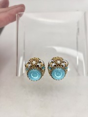 Vintage West Germany Blue Earrings Glass Cab Enamel Signed Clip Ons Rhinestone