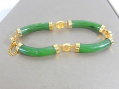VTG CHINESE SYMBOLS GREEN NEPHRITE JADE BAR LINK GP 7.25″ BRACELET