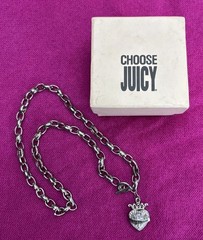 Vtg Y2K Juicy Couture Clear Crystal Crown Heart Pave Chunky Toggle Necklace 20”