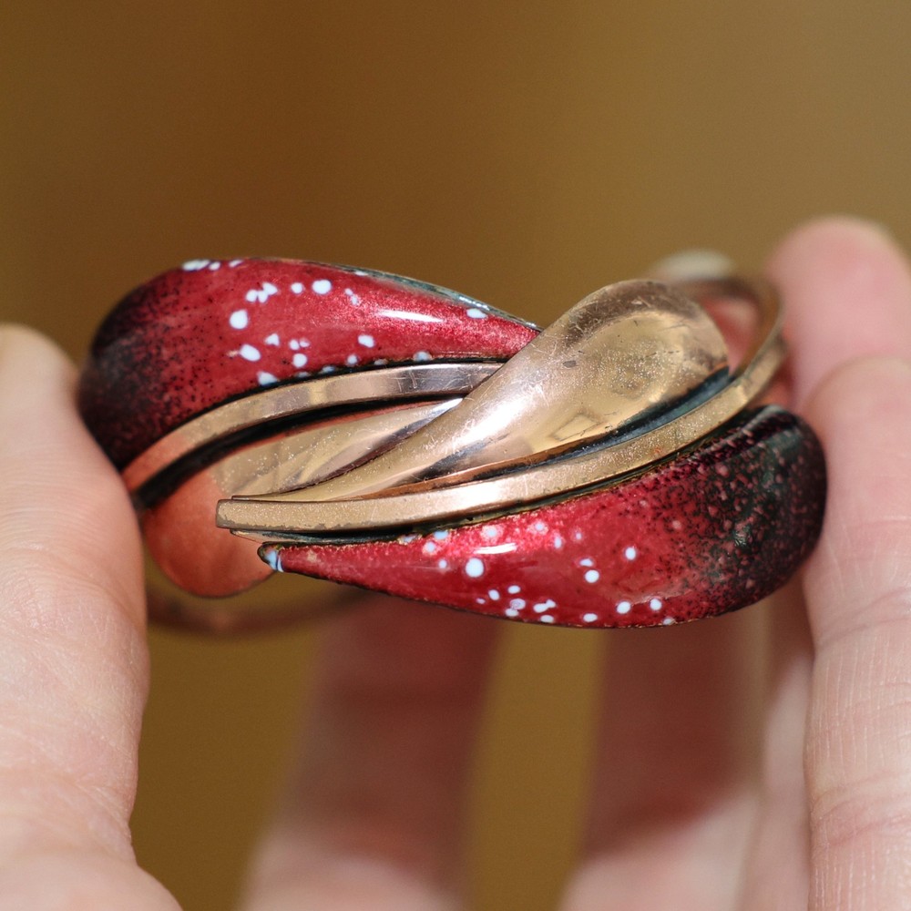 Vintage Signed Matisse Renoir “Leaflet” Copper Clamper Bracelet Red Enamel Leaf
