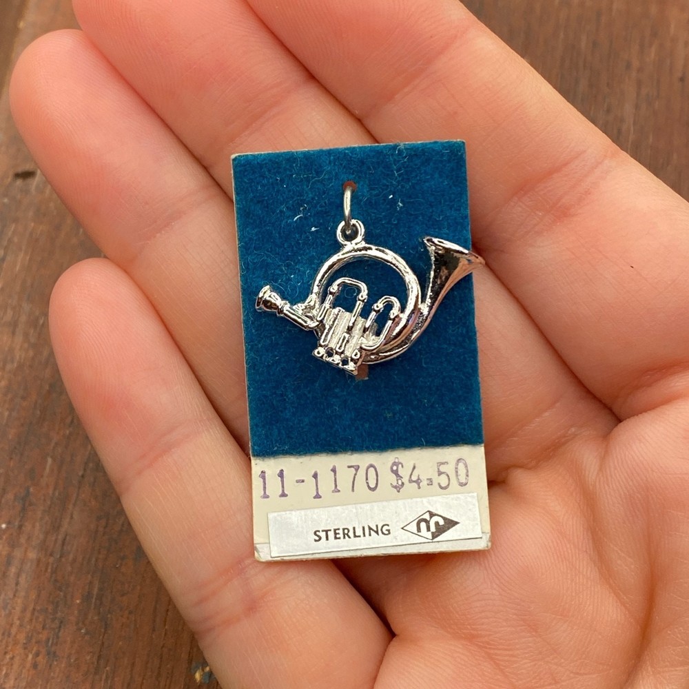 Vintage 925 Sterling Silver French Horn Musical Instrument Pendant Charm