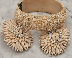 Vintage Cream Plastic Flower Rhinestone Earrings & Hinged Bangle Featherweight