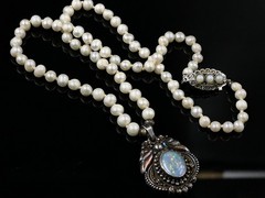 Vintage Cultured Pearl Necklace 925 Silver Natural Opal Pendant Marcasite Clasp