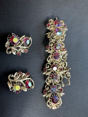 Vintage Gold Coro Red Aura Borealis Bracelet And Clip On Earring Set.