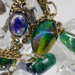 Vintage Art Glass Peacock Iridescent Venetian? Necklace 28″ Long Flapper Length