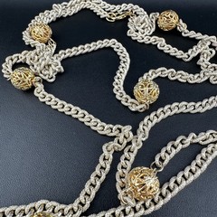 Vintage Chain Necklace Textured Gold Tone Filigree Station Ball Long Flapper 52″