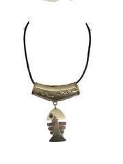 Vintage Fish Skeleton Pendant Slide Necklace Mixed Metal Mid Century On Silk