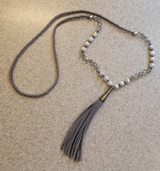 Gray Leather Tassels And Brass Pendant On Braided Beaded 32in Cord Necklace