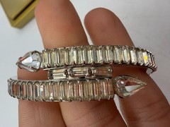Vintage Bracelet Bypass Rhinestone Baguette Clear Silvertone Hinged 6.5 in