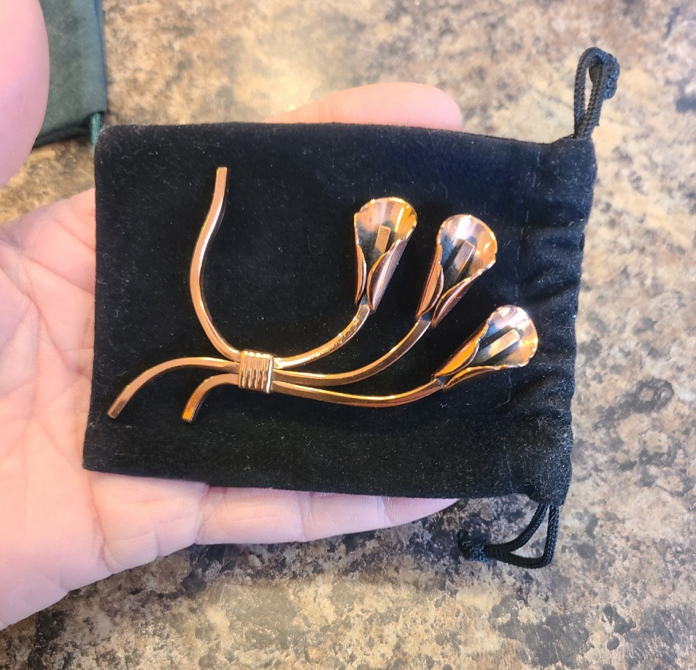Vintage RENOIR Solid Copper Easter Calla Lily Pin Flowers Design Brooch Mid Cent