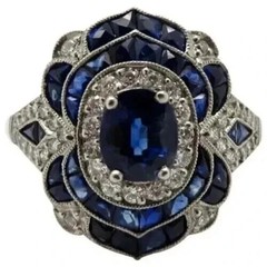 Art Deco Style Oval Cut Sapphire Lab Created Diamond Engagement 925 Silver Ring