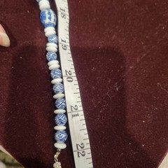 Vintage Blue White Porcelain Ceramic Beaded Necklace Chinoiserie Floral Barrel