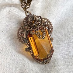 Antique Czech Amber Glass Filigree Pendant Necklace Rhinestone Chain Art Deco