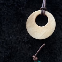 Vintage Engraved/Painted Pendant Strung On 24” Leather Cord-2Wood Beads on Ends