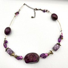 Vintage Style Purple Beaded Illusion Necklace Bronze Tone Boho Statement Fashion